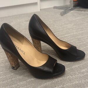 CHANEL Black Leather Heels with Cork Block Heel SZ 39